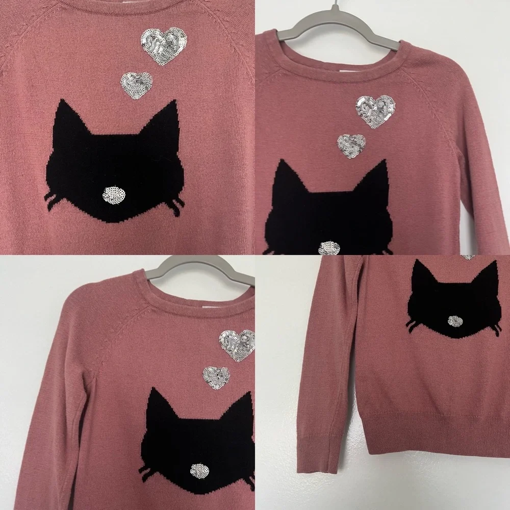 The Children's Place Girls Sweater‎ With Cat Face and sequins Size S 5/6